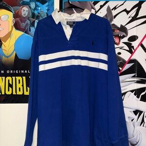 Ralph Lauren Blue and White Long Sleeve Rugby Shirt